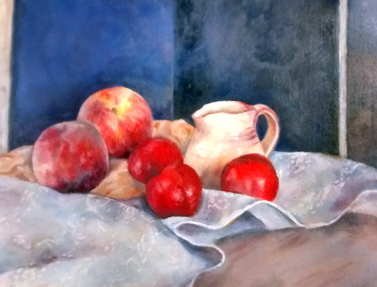 Little still life with peaches, plums, milk jug.
Oil on canvas 
(sorry about the bad quality image)