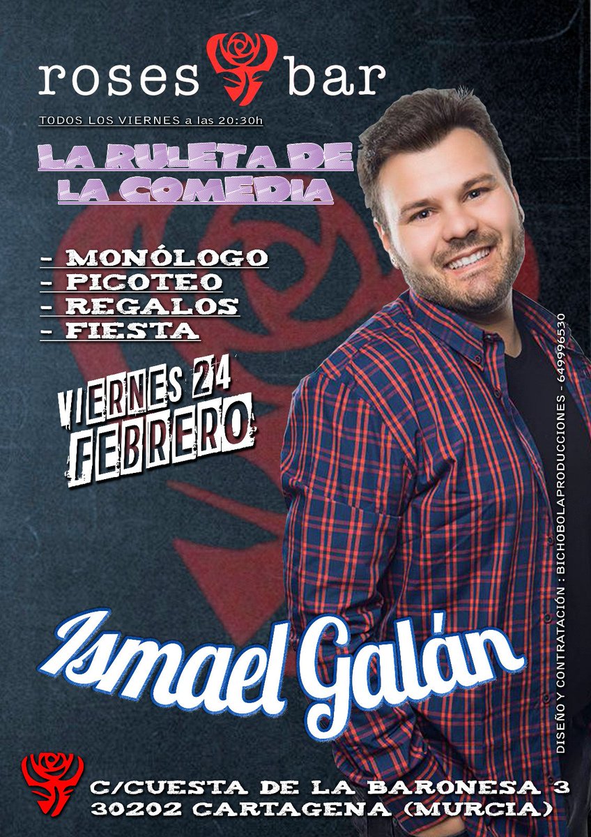 Este viernes tenemos a <a href="/Ismael_Galan/">Ismael Galán Cómico</a> en #laruletadelacomedia de <a href="/gruporoses/">Roses Bar</a> #Cartagena!
Vente a reir con nosotros!