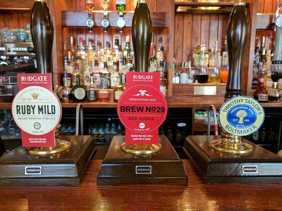 On the bar:
<a href="/rudgatebrewery/">Rudgate Brewery</a> - Ruby Mild
<a href="/rudgatebrewery/">Rudgate Brewery</a> - No.29 Red Ryder
<a href="/TimothyTaylors/">Timothy Taylor's Brewery</a> - Boltmaker
<a href="/ThistlyCross/">Thistly Cross Cider</a> - Real Ginger