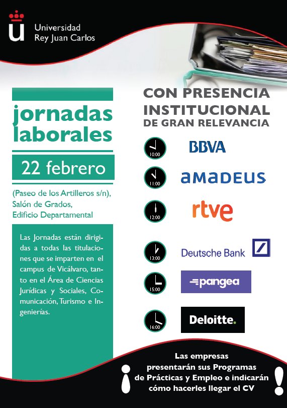 FCJS_URJC's tweet photo. #JORNADASLABORALES @BBVA_esp @amadeusESP @rtve @DeutscheBankES @pangeaplatform @Deloitte_ES nos contarán sus programas de prácticas y empleo https://t.co/ZQkyflHwzD