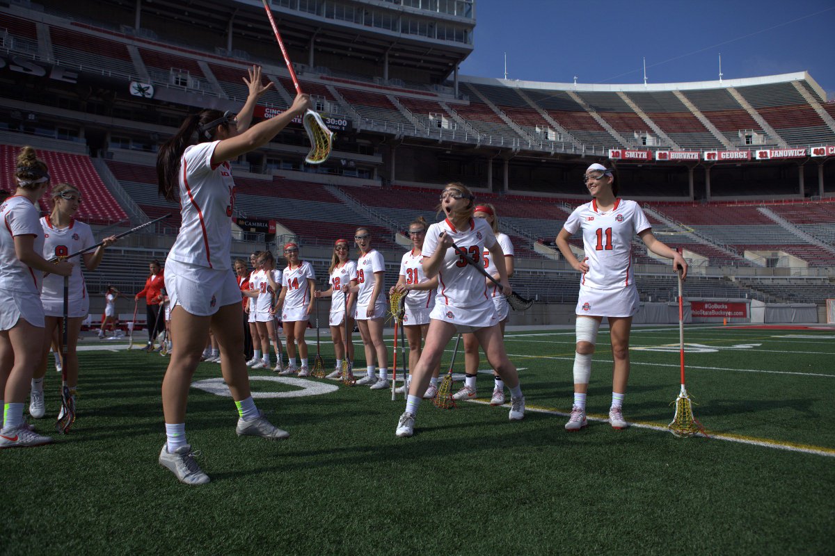 OhioStateWLAX's tweet photo. Good times yesterday in The 'Shoe! Thanks to all 977 in attendance who came out to support us, the most for a home game since 2003! #GoBucks https://t.co/05HlPFXx6Z