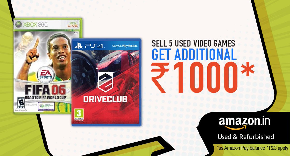 Amazon_Used's tweet photo. Sell 5 of your video games &amp; earn additional Rs. 1000 as Amazon Pay balance! #AbChillKaro https://t.co/QvnERP8Pb0 https://t.co/pqpZMcohM3