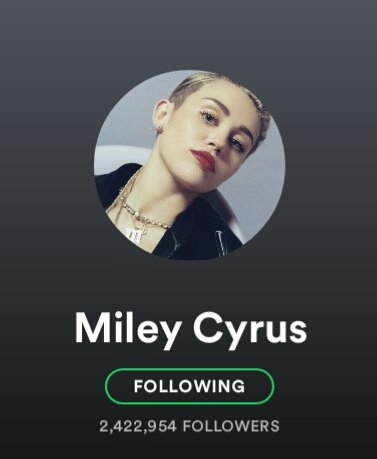MCSpotify's tweet photo. Miley Cyrus Update #20Feb2017 

• Monthly listeners - 8,558,517
• Ranking - 128th (+1)
• Followers - 2,422,954 https://t.co/sF8kFacwgk