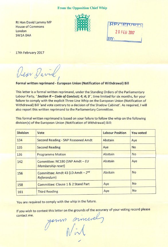 DavidLammy's tweet photo. Just received a formal reprimand from the Chief Whip. Thanks, but this was a matter of conscience. I would do it again without hesitation. https://t.co/vz7aEBcTy6
