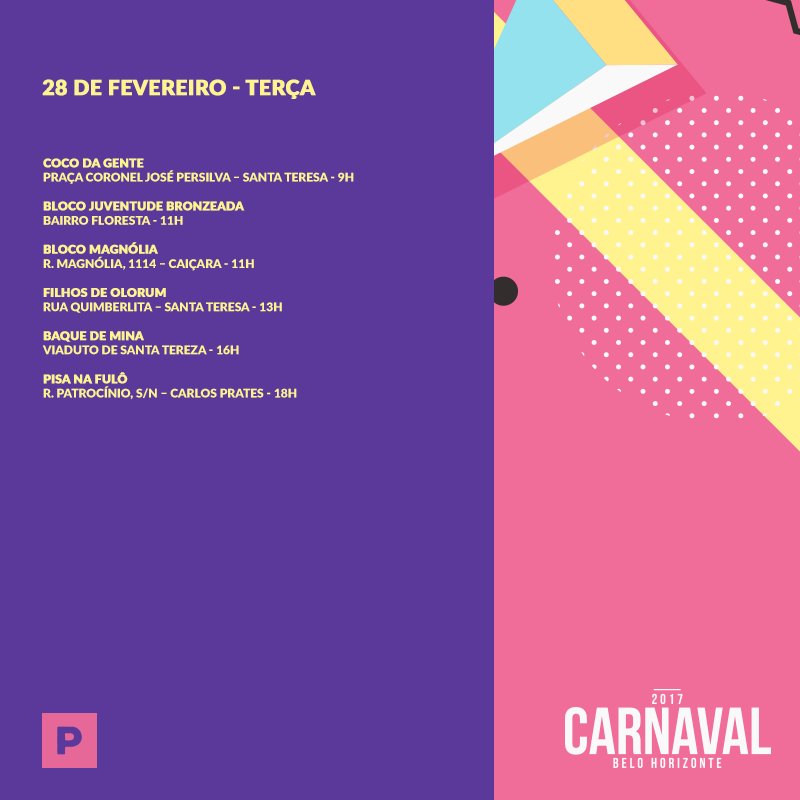 pistabh's tweet photo. Roteiro @pistabh de Blocos de rua. TERÇA #CarnavaldeBH2017 https://t.co/OSFzztgRbL