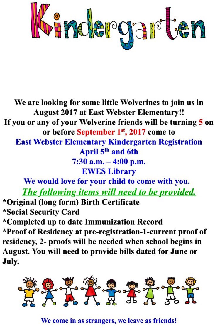 EastWebsterElem's tweet photo. EWES Kindergarten Registration April 5th and 6th. We come in as strangers, we leave as friends!! π¬ππ«#spreadtheword #littlewolverines https://t.co/l9irGwFksf