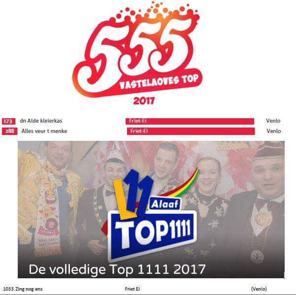 Met 2 leedjes in de Vastelaoves Top555 van <a href="/omroepvenlo/">Omroep Venlo</a> én met 1 leedje in de #top1111 van <a href="/L11Alaaf/">L11 Alaaf</a> #weejbakkedoor