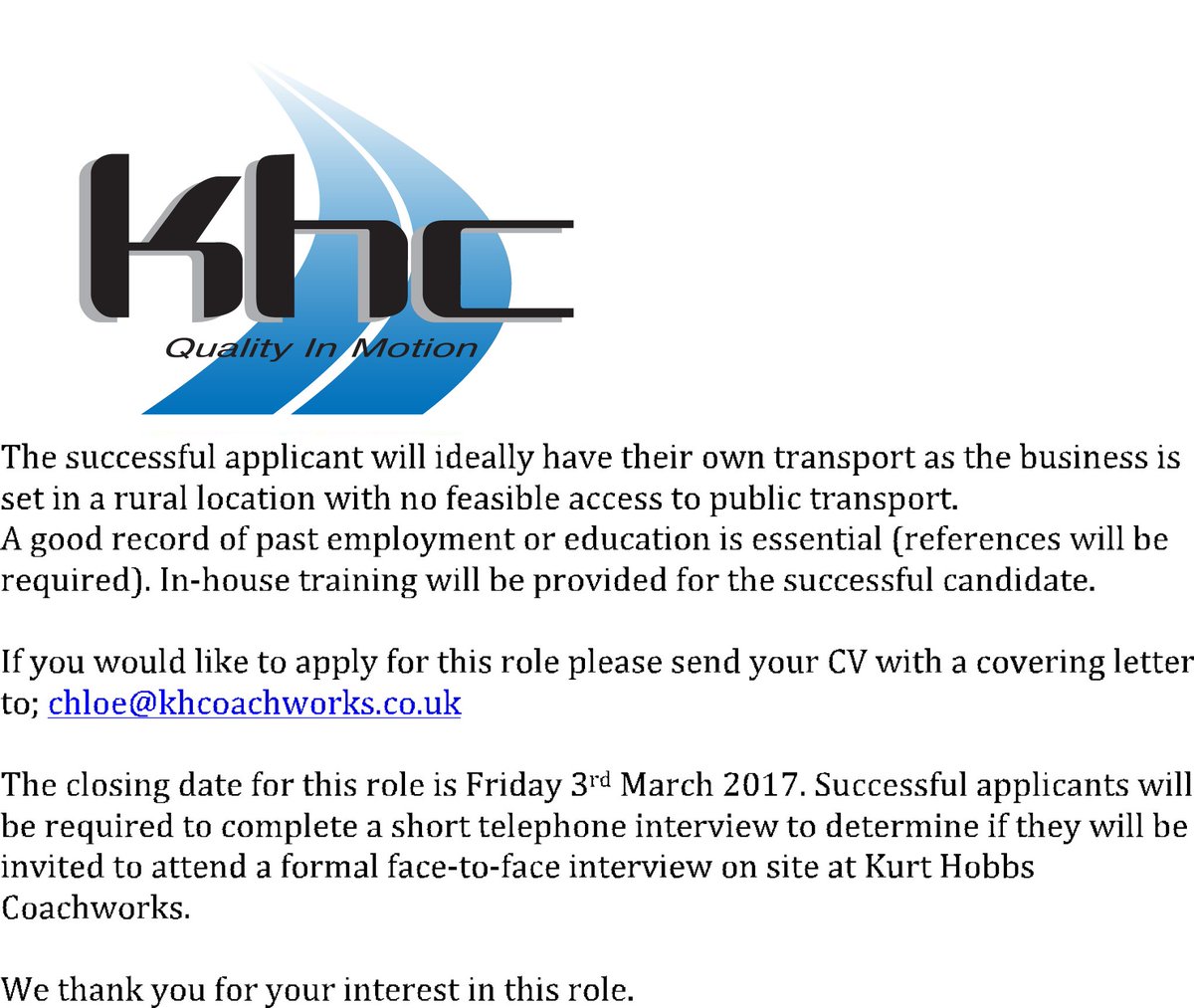 **RECEPTIONIST JOB VACANCY AT KURT HOBBS COACHWORKS**