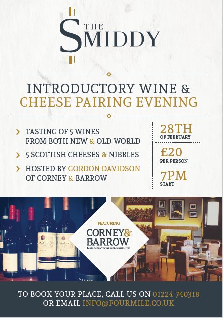 We are hosting a classic cheese and wine evening on Tues 28th Feb -Tickets cost £20pp. To book please call us on 01224 740318 #TheSmiddy