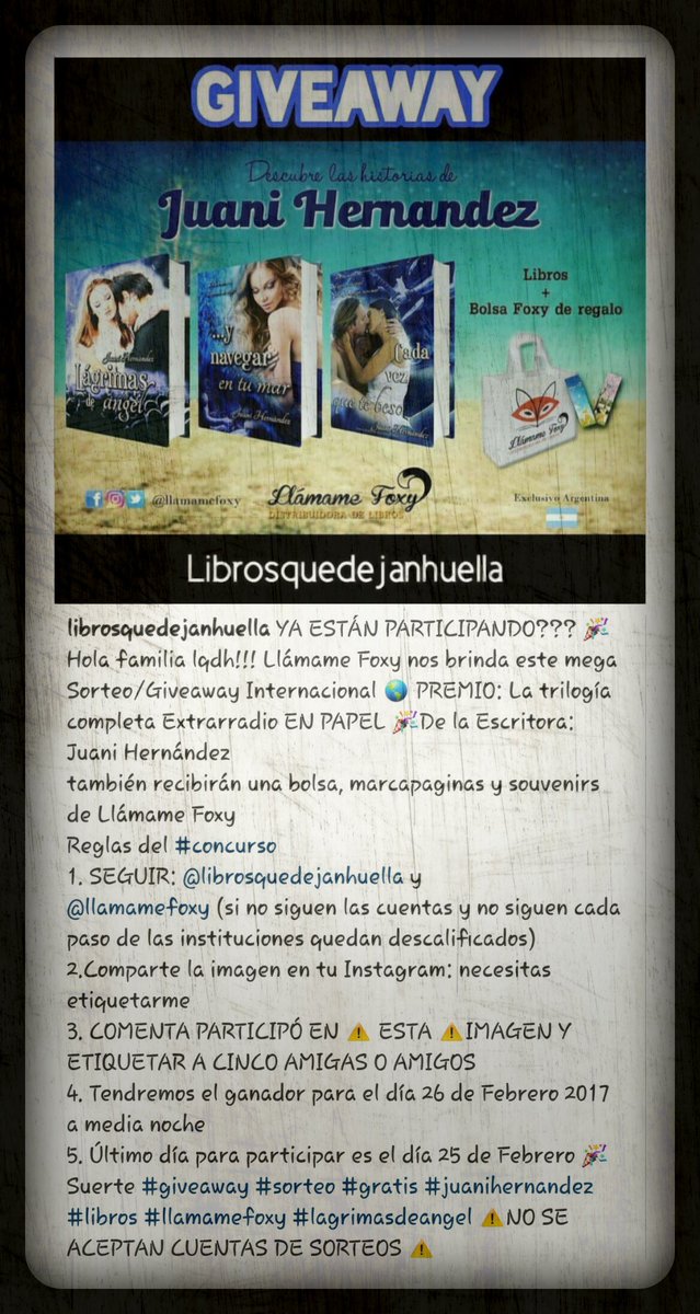 LlamameFoxy's tweet photo. #sorteo #librosquedejanhuella #SerieExtrarradio #juanihernandez #Foxytas ¡a participar! #TeamFoxy #LlámameFoxy #megustaleer #leoromantica https://t.co/aLtl1sW8f7