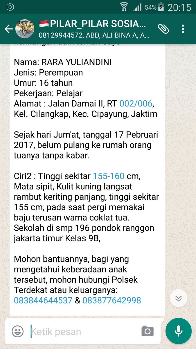 TMCPoldaMetro's tweet photo. Info anak hilang Rara Yuliandini 16 tahun Jl. Damai II RT. 02/06 Cilangkap Jaktim. Melihat/menemukan mohon hubungi: @DinsosDKI1 083844644537 https://t.co/eHlZ83emBc