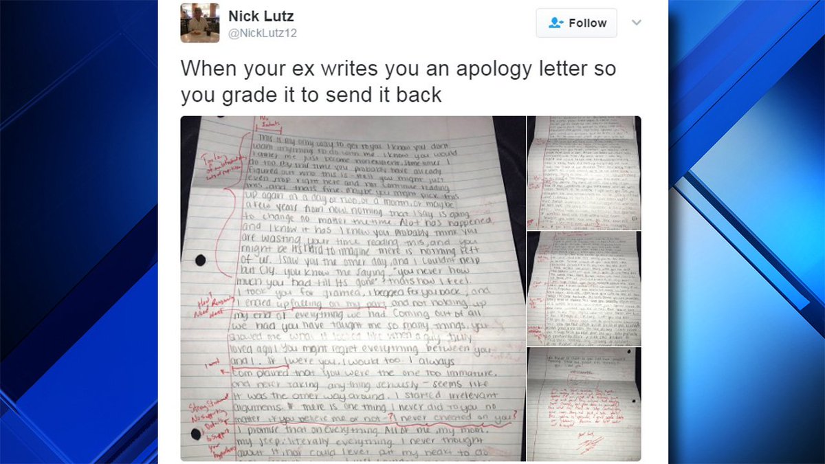 Fla. college student shows zero chill in grading ex-girlfriend's apology letter bit.ly/2kSgkkX https://t.co/B0IQbIeE7R