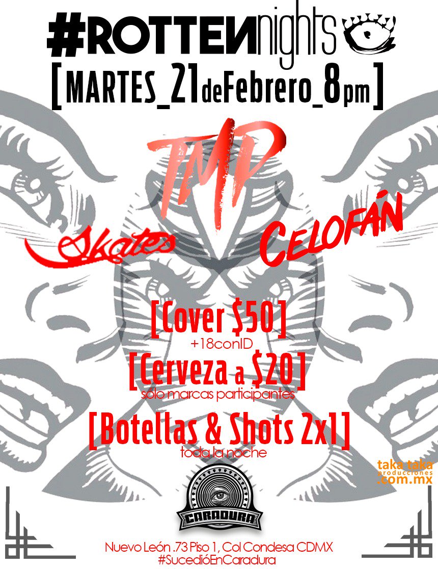caraduramx's tweet photo. ¡Y como la fiesta empieza en martes, los esperamos mañana: #RottenNight!
8PM, no olviden su ID y las ganas de aprovechar las promociones ;) https://t.co/BzcFXrQq1e