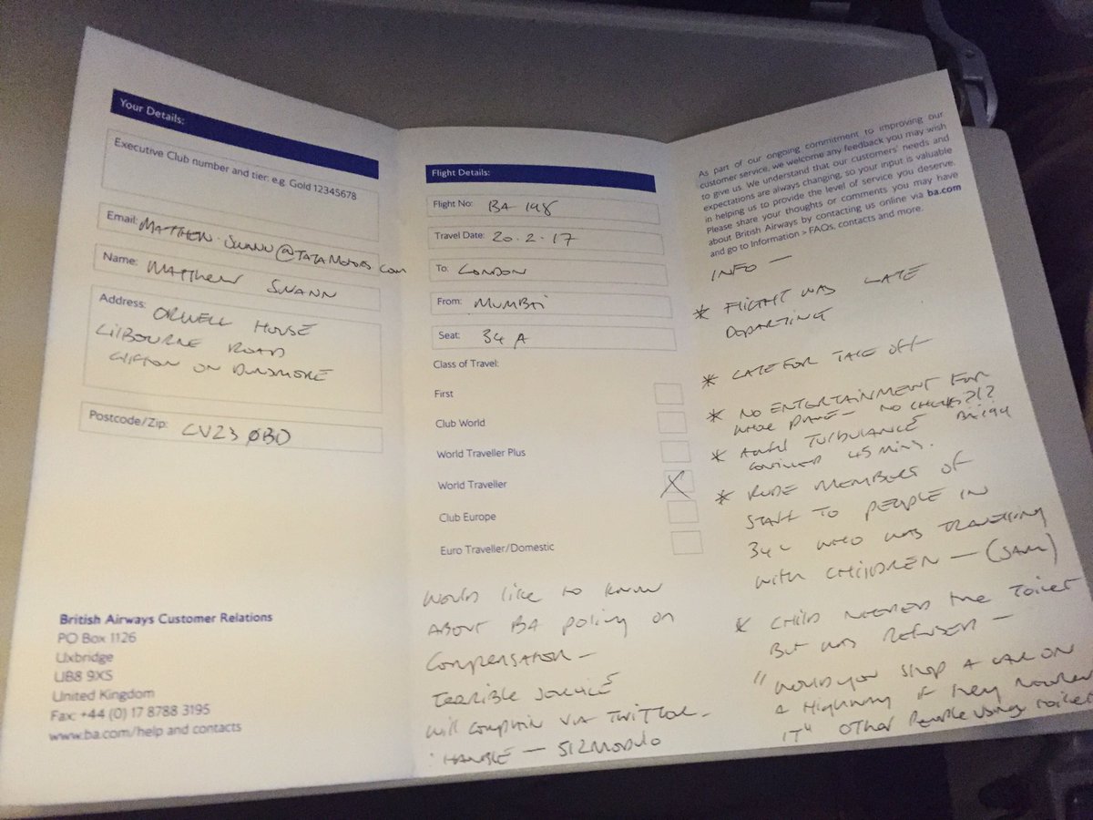 Mattswann_78's tweet photo. @British_Airways it's bad when you have to hand out complaints to passengers mid flight #ba199 #poorservice #compensationneeded https://t.co/o0Uy4ShgV5