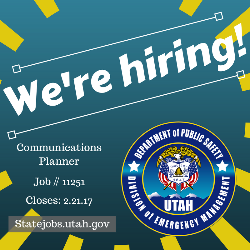 UtahEmergency's tweet photo. We're hiring a communications (radio) planner https://t.co/MqdE3eouzM
#emergencymanagement #UtahDEM #amateurradio Closes tomorrow. https://t.co/YeF0z4oY3A