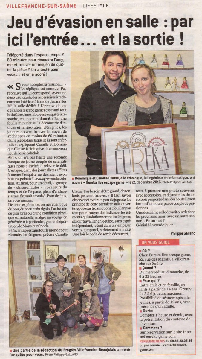 Merci au Progrès pour ce bel article enthousiaste :D Vous aussi découvrez l'expérience #escapegame chez Eureka : eureka-game.com