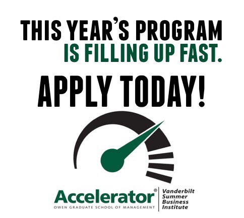 VUAccelerator's tweet image. Next application deadline is March 5. Apply now to be considered for this competitive summer business program owen.vanderbilt.edu/accelerator/