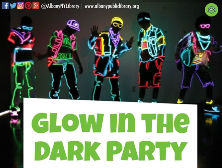AlbanyNYLibrary's tweet photo. Glow in the Dark Party at the #HoweBranch is moved to TOMORROW 2/21 at 4:30 pm. See you then! https://t.co/FYEyK6hOda