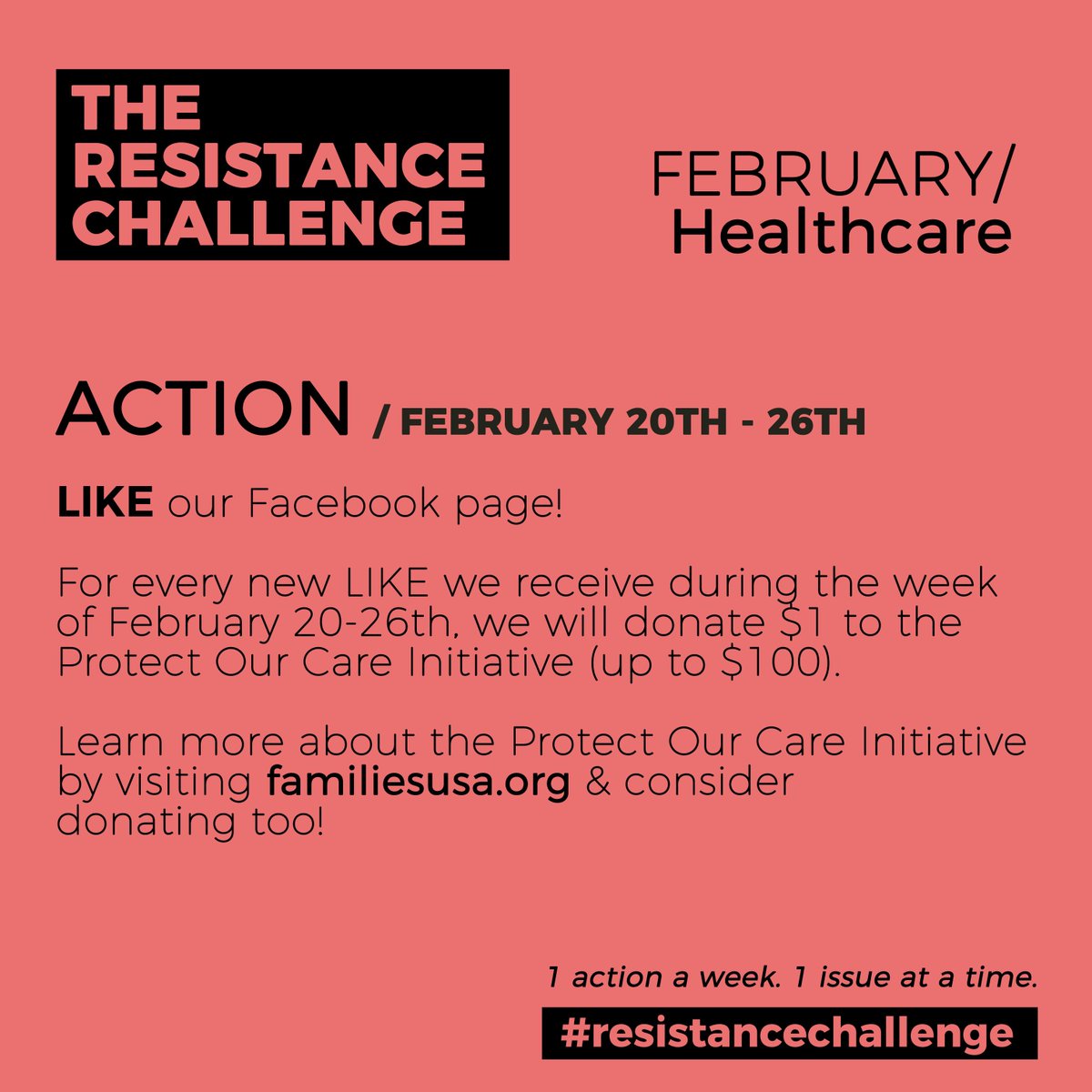 resistchallenge's tweet photo. Another week, another action! For every Facebook LIKE we get this week, we'll donate $1 to the Protect Our Care Coalition, up to $100 bucks. https://t.co/i26u0qiZYT