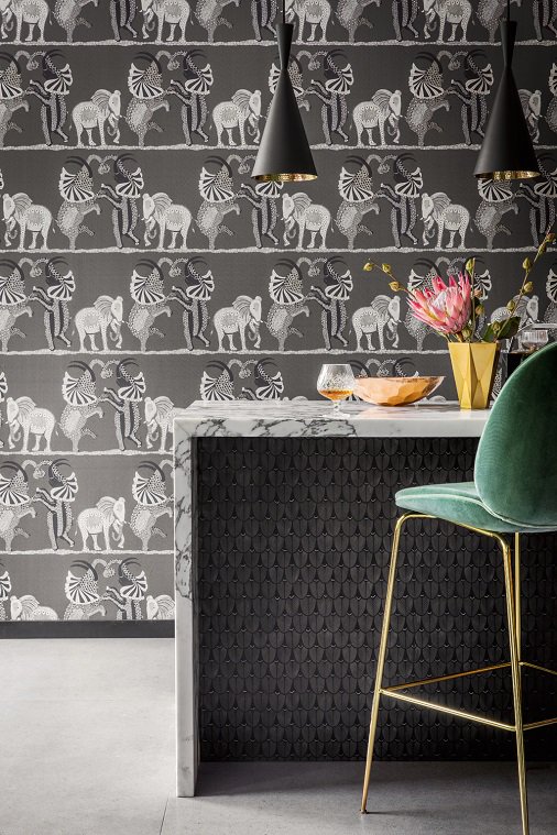 GilroyInteriors's tweet photo. Safari Dance, a captivating #wallpaper design by @Cole_And_Son Finely drawn elephants in charcoal sand &amp; stone paired with Narina wallpaper. https://t.co/P089oc8aBX