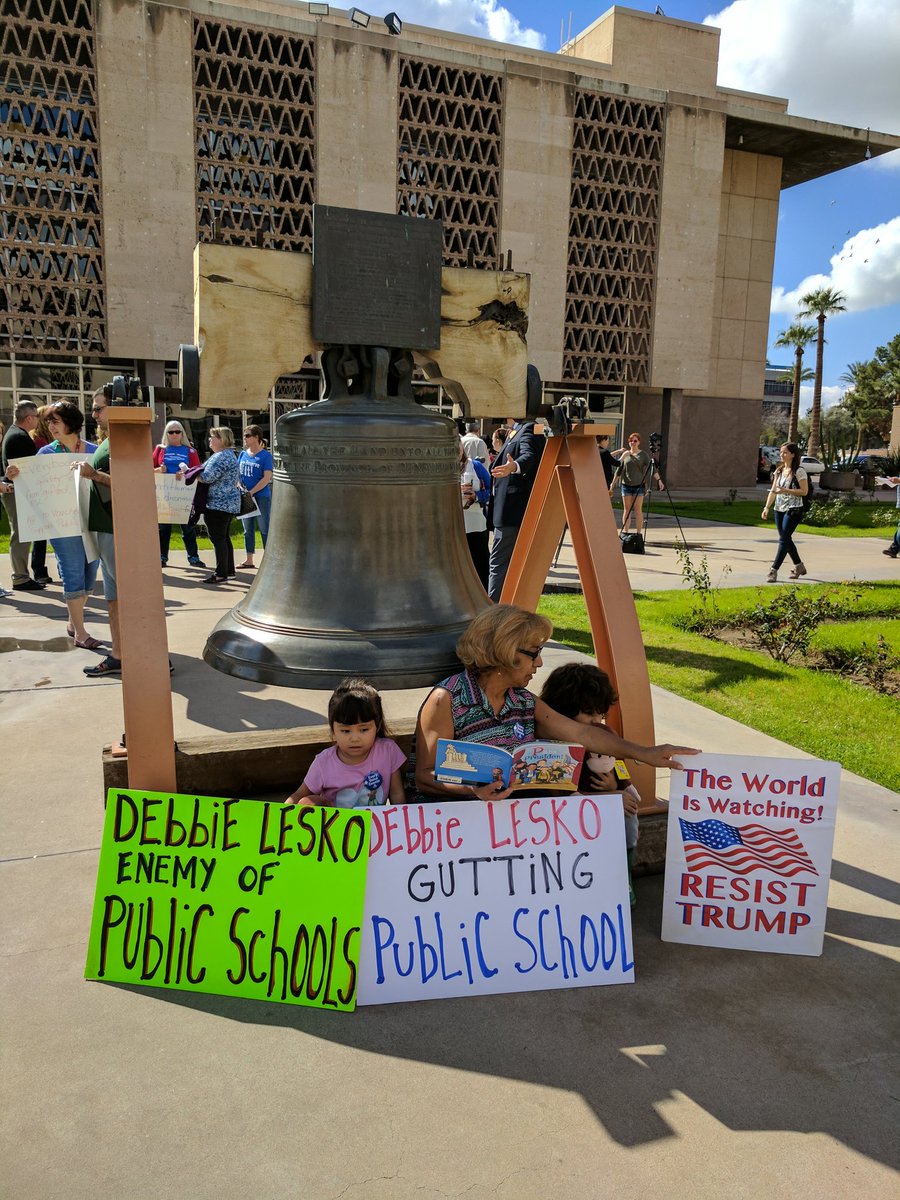 AZSchoolsNow's tweet photo. Education advocates at Capitol sharing stories with press &amp; delivering 100s of postcards supporting teacher raises over DeVos vouchers https://t.co/cFoOzGyyDb