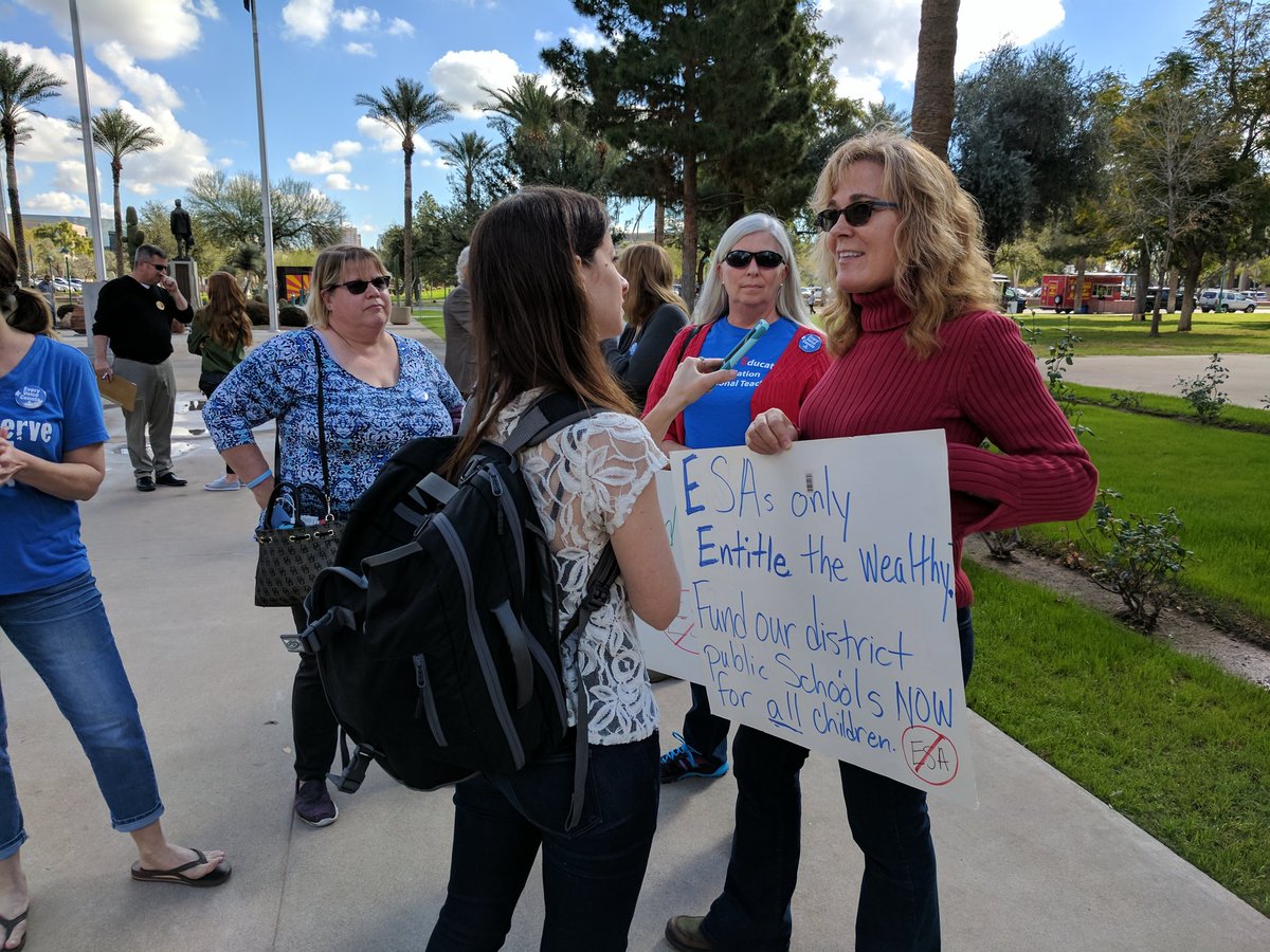 AZSchoolsNow's tweet photo. Education advocates at Capitol sharing stories with press &amp; delivering 100s of postcards supporting teacher raises over DeVos vouchers https://t.co/cFoOzGyyDb