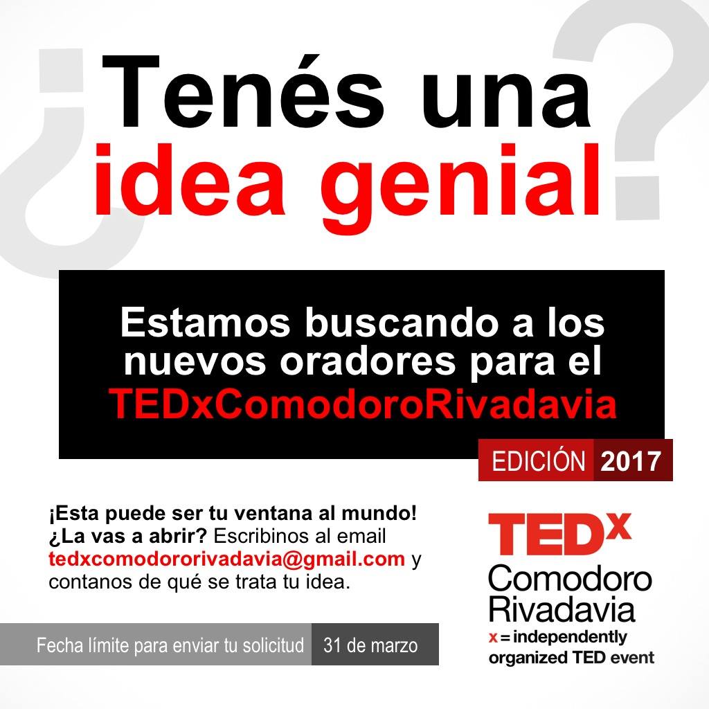 TEDxComRiv's tweet photo. Iniciamos la búsqueda de oradores para el próximo evento TEDxComodoroRivadavia
¡No te quedes afuera! #Ideas #Difundir #OradoresTEDx https://t.co/TEkRoUmIJe