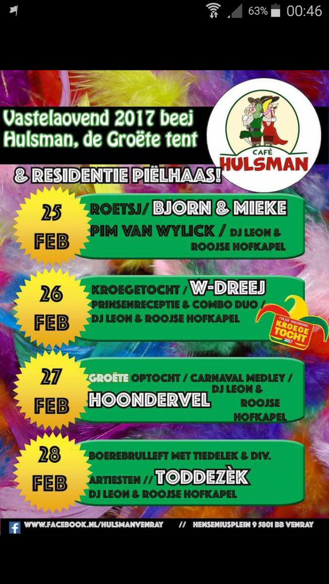 Zaterdag barst de Vastelaovend los bij <a href="/Hulsmanvenray/">Hulsman</a> Wij zijn er elke avond bij! Jullie ook? 
<a href="/depielhaas/">De Pielhaas</a> @VorstRob <a href="/Pielhaas/">VastelaovendIenRooj</a> <a href="/LeonAarts1/">Leon Aarts</a>