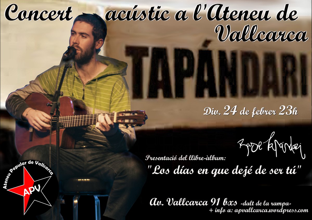 Div 24-feb 23h al APV concert acústic de RASE TAPÁNDARI presentant el seu llibre-disc de filosofia, poesía i música! apvallcarca.wordpress.com/2017/02/20/ras…