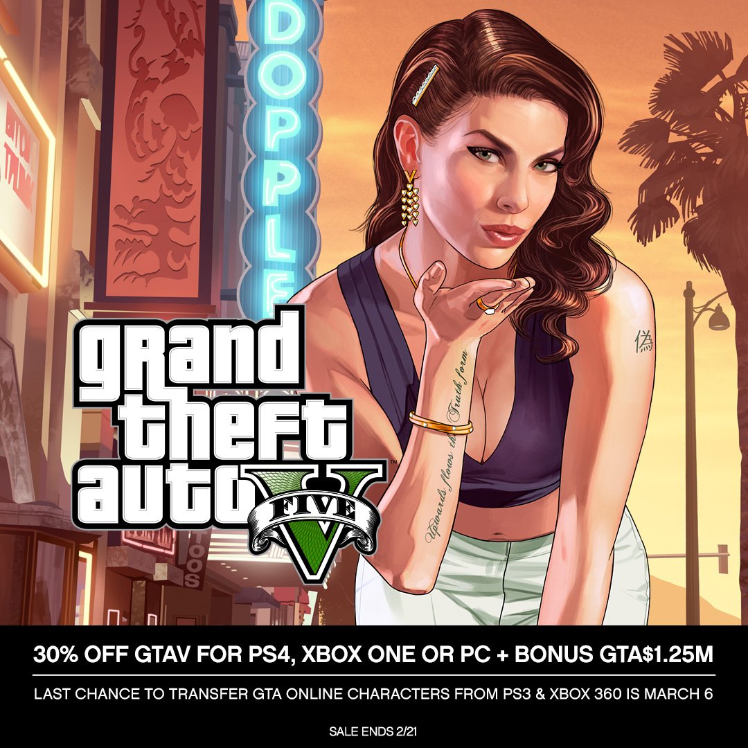 Rockstar Games on X: #GTAV for PS4, PC & Xbox One Warehouse Sale on  physical disc copy ends tmrw Feb 21 Get 30% off the game + GTA$1.25M    / X