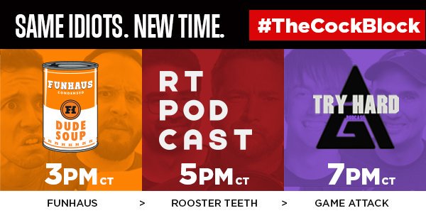 RoosterTeeth's tweet photo. #TheCockBlock starts now!
https://t.co/cyTm0Ffef3 https://t.co/ulyuArAn7P