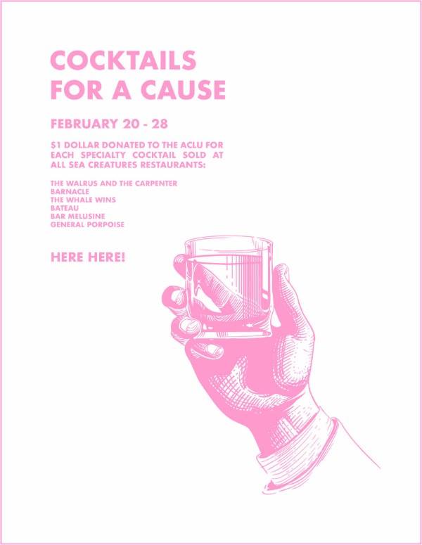 Happy President’s Day! Have a Cocktail for a Cause! Every $1 from a specialty cocktail you order is going to the <a href="/ACLU/">ACLU</a> this week. Cheers!