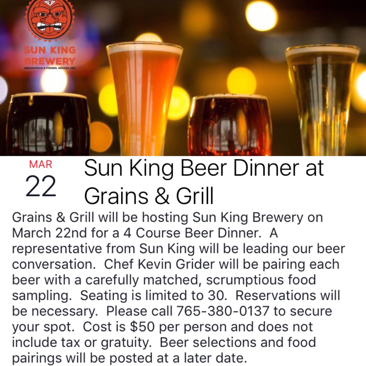 Save the Date! <a href="/sunkingbrewing/">Sun King Brewery</a> Beer Dinner at <a href="/grainsandgrill/">Grains and Grill</a> on March 22nd! See you there. #freshlocalbeer <a href="/260Beer/">Five Star Distributing</a>
