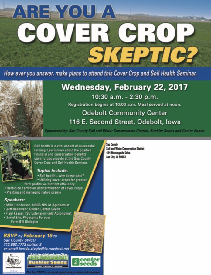 covercrops's tweet photo. Great #covercrop &amp; #soilhealth seminar in Odebolt, IA this Wednesday! #SacCoSWCD #keepitcovered https://t.co/Rr86gdrth9