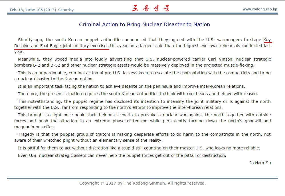 The photo shows text from a Rodong Sinmun article, which can be read directly from the Rodong Sinmun's website here: http://rodong.rep.kp/en/index.php?strPageID=SF01_02_01&newsID=2017-02-18-0007