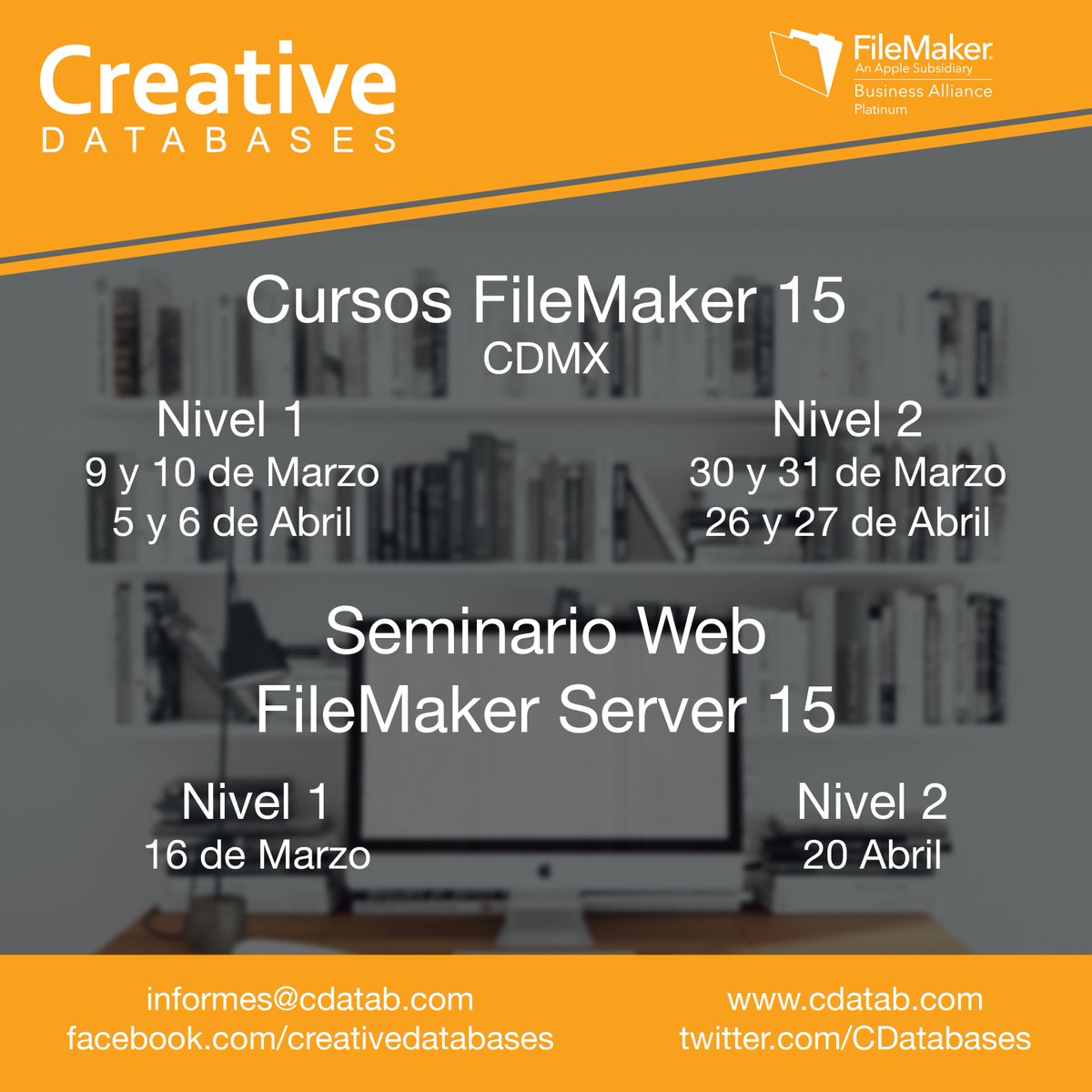 CDatabases's tweet photo. Próximos #cursos #FileMaker en #CDMX y #OnLine para Marzo y Abril #CreativeDatabases https://t.co/dAPXkBADIs https://t.co/O6bxy7RN45