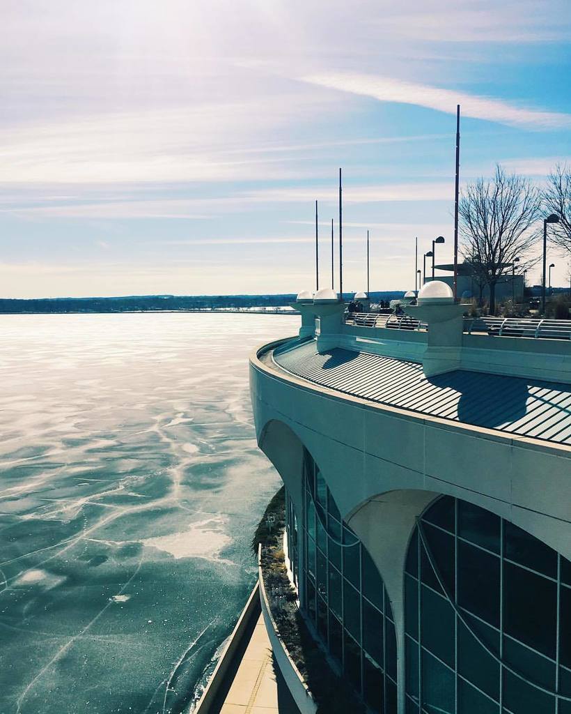 Monona Terrace, looking out over a frozen Lake Monona in Madison, WI. 

Built after his death in 1990-1996, the 193…