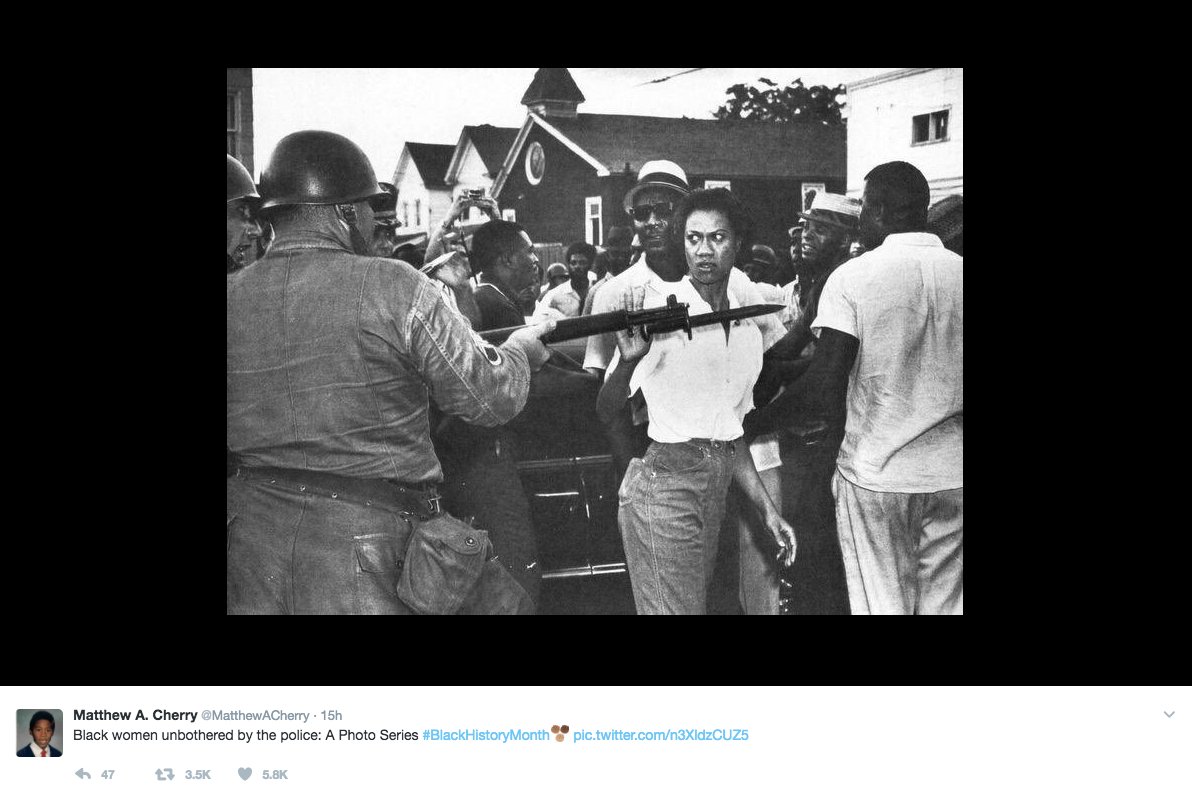 ajplus's tweet photo. Filmmaker @MatthewACherry highlights "black women unbothered by the police" in a powerful thread for #BlackHistoryMonth https://t.co/KBqReP9HYi