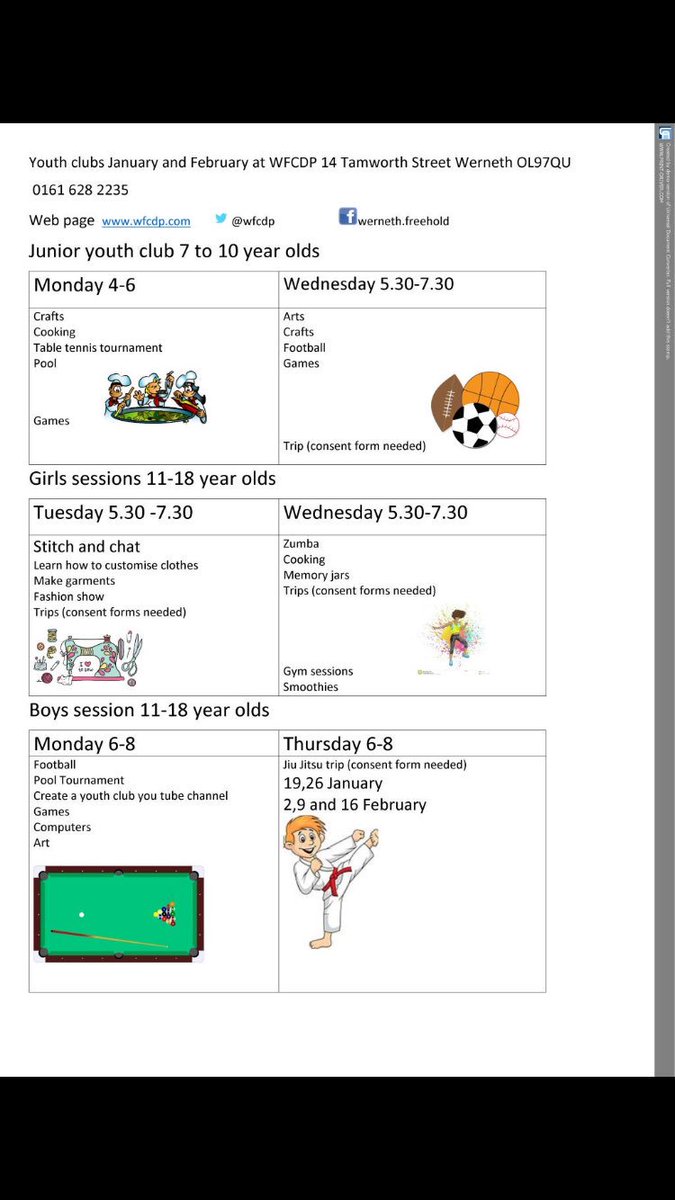 WFCDP's tweet photo. What's on at the youth club? #wfcdp #oldhamhour #oldham #Children #bbccin fun activities 7 to 18 year olds. https://t.co/s4GpVrP2Xr