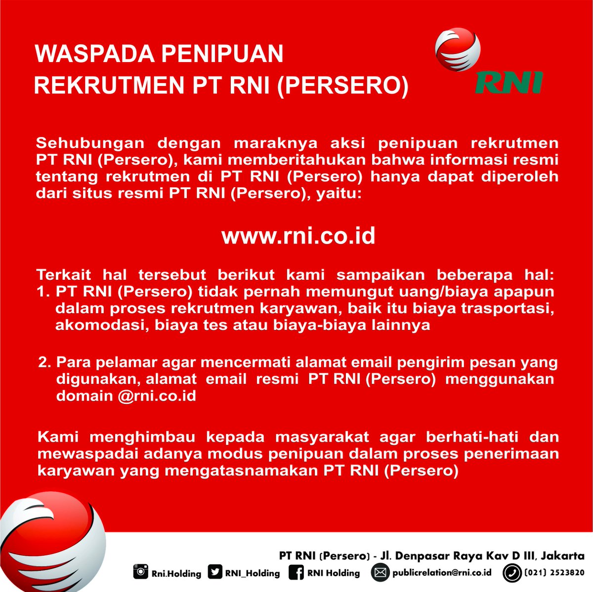 idfood_official's tweet photo. WASPADA Penipuan Rekrutmen Mengatasnamakan PT RNI. @KemenBUMN 

#rekrutmen #PTRNI #penipuan #rekrutmenRNI #loker #lowongan #lowongankerja https://t.co/ZDhApAFc7t