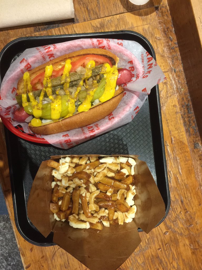 TwinHaunts's tweet photo. Classic #hotdogs @FancyFranks substantial dose of #comfortfood first time for #poutine - still standing..just #toronto #foodtour https://t.co/Qdwv062ZVE