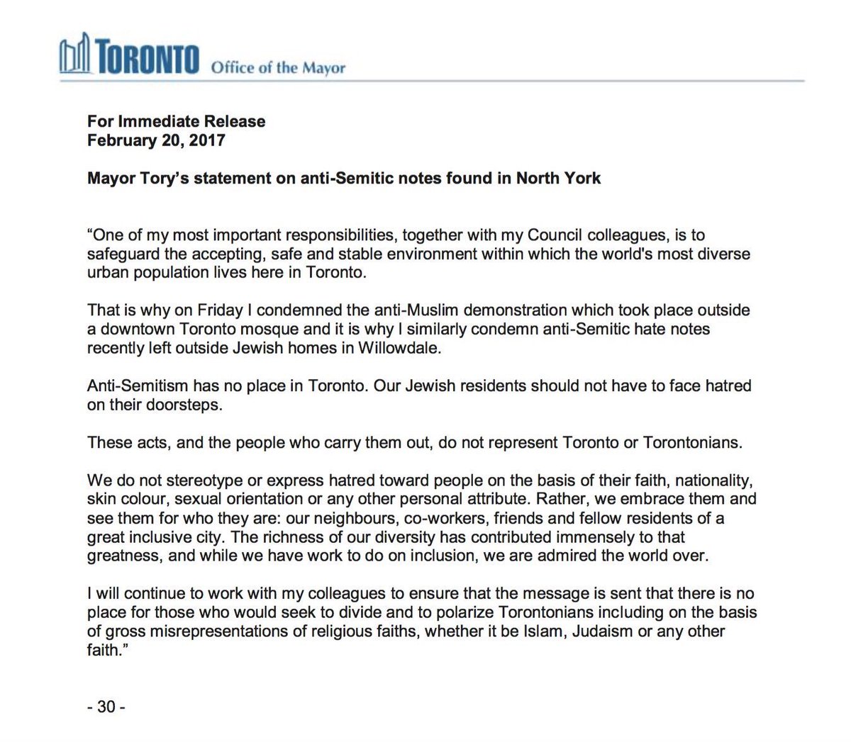 John Tory tweet media