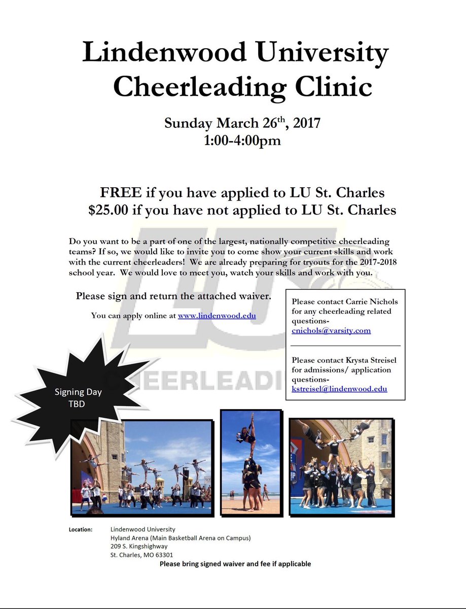 LUallsmarge's tweet image. Mark your calendars for a our Spring Cheer Clinic on March 26th from 1- 4 p.m! At Lindenwood campus in Hyland Arena! Hope to see you there!🦁