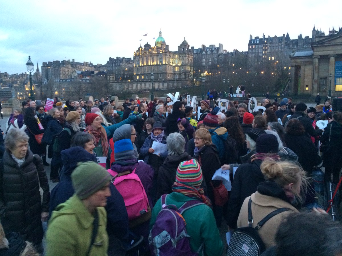 SUTRScotland's tweet photo. 100s brave the cold to say Edinburgh for Everyone at the brilliant #1DayWithoutUs protest tonight #standuptoracim #standuptotrump #stoptrump https://t.co/4kxiHPsPEf