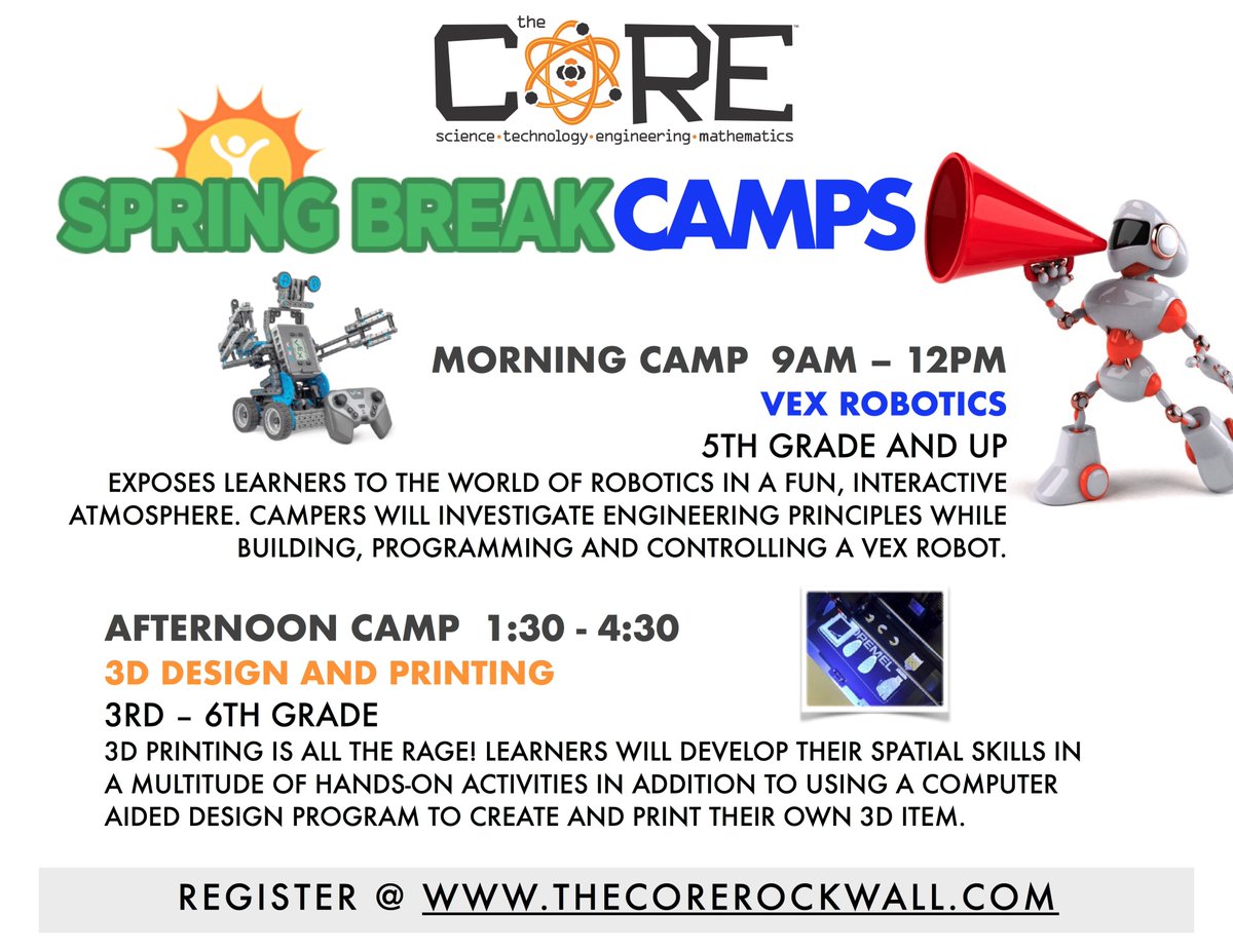 thecorerockwall's tweet photo. We are so excited about our SPRING BREAK CAMPS and we just can't hide it! @thecorerockwall #stemcamps #stemiscool #robotics #3dprinting https://t.co/1jmO89xe2S