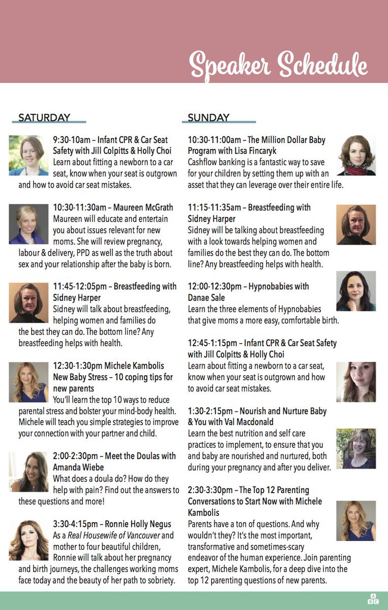 birth_fair's tweet photo. Speaker schedule for @birth_fair  this weekend! #BirthFair @sry604  @TheNowNewspaper  @TomZillich  @CloverdaleNews  @snapdLangley https://t.co/06uU5dgTKU