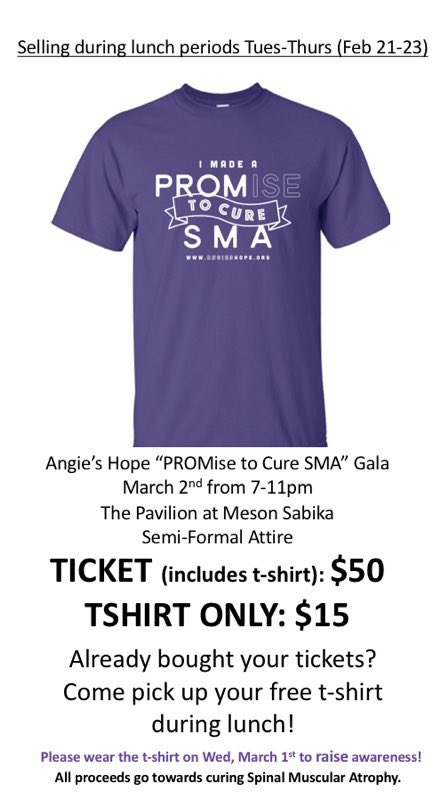 Come support <a href="/AngiesHope/">Kyra's Idea</a> by buying shirts &amp; tix during lunch tomorrow through thurs!