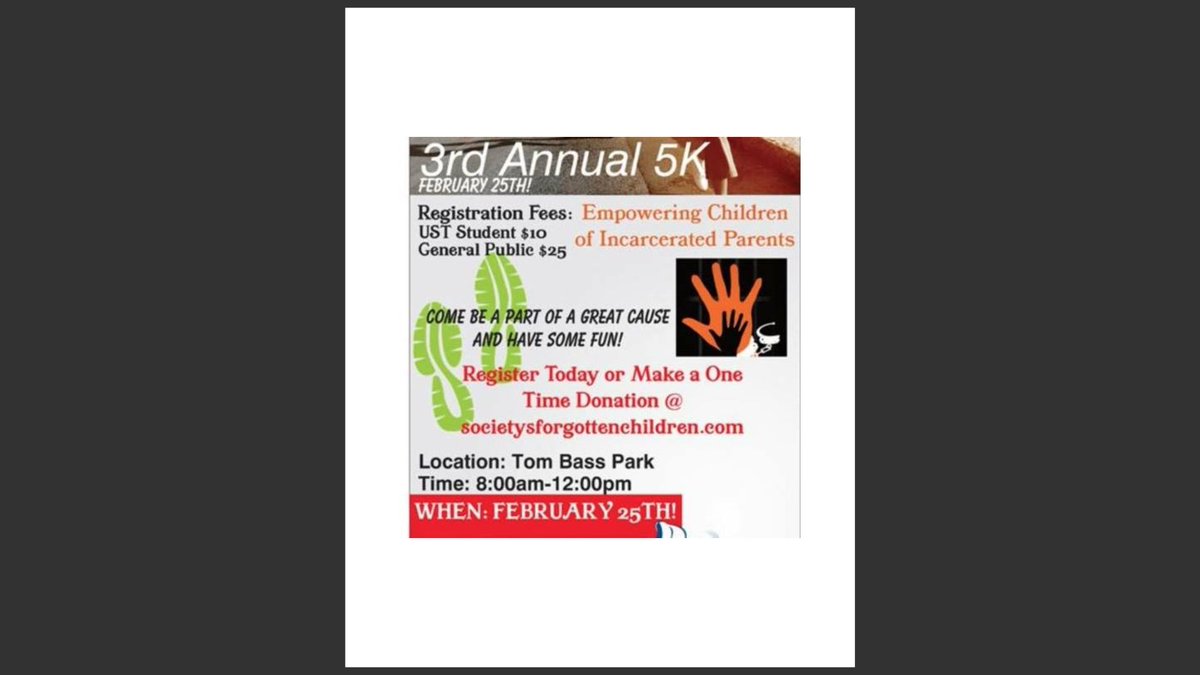 ustSFC's tweet photo. @Fox26Houston @ustSFC #5kForChildrenOfIncarceratedParents #Feb25TomBassPark https://t.co/xISxfacoCA https://t.co/imq1gtV5LD