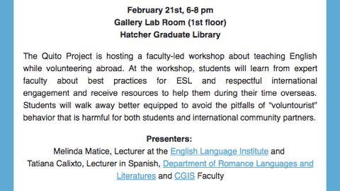 The Quito Project (@thequitoproject) on Twitter photo Don't forget to attend TQP's faculty-led workshop TOMORROW for free food & discussion about ESL abroad! Don't forget to attend TQP's faculty-led workshop TOMORROW for free food & discussion about ESL abroad!