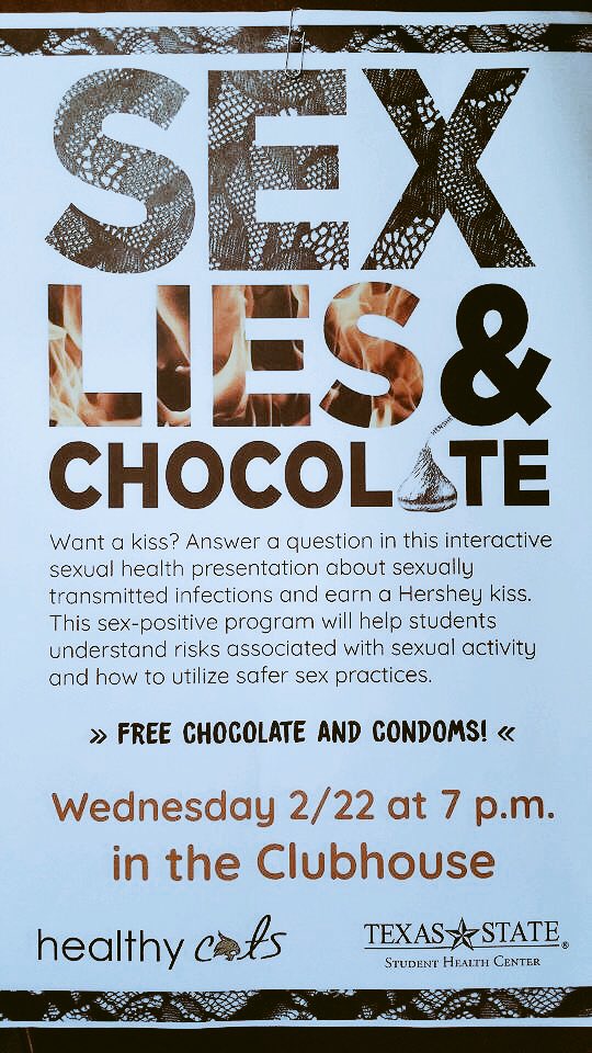BobcatVillage's tweet photo. Coming up this Wednesday, Sex, Lies, &amp; Chocolate! Join us @ the clubhouse to learn about safe sex! There'll be free comdoms and chocolates🤗 https://t.co/qRTmotM9m4
